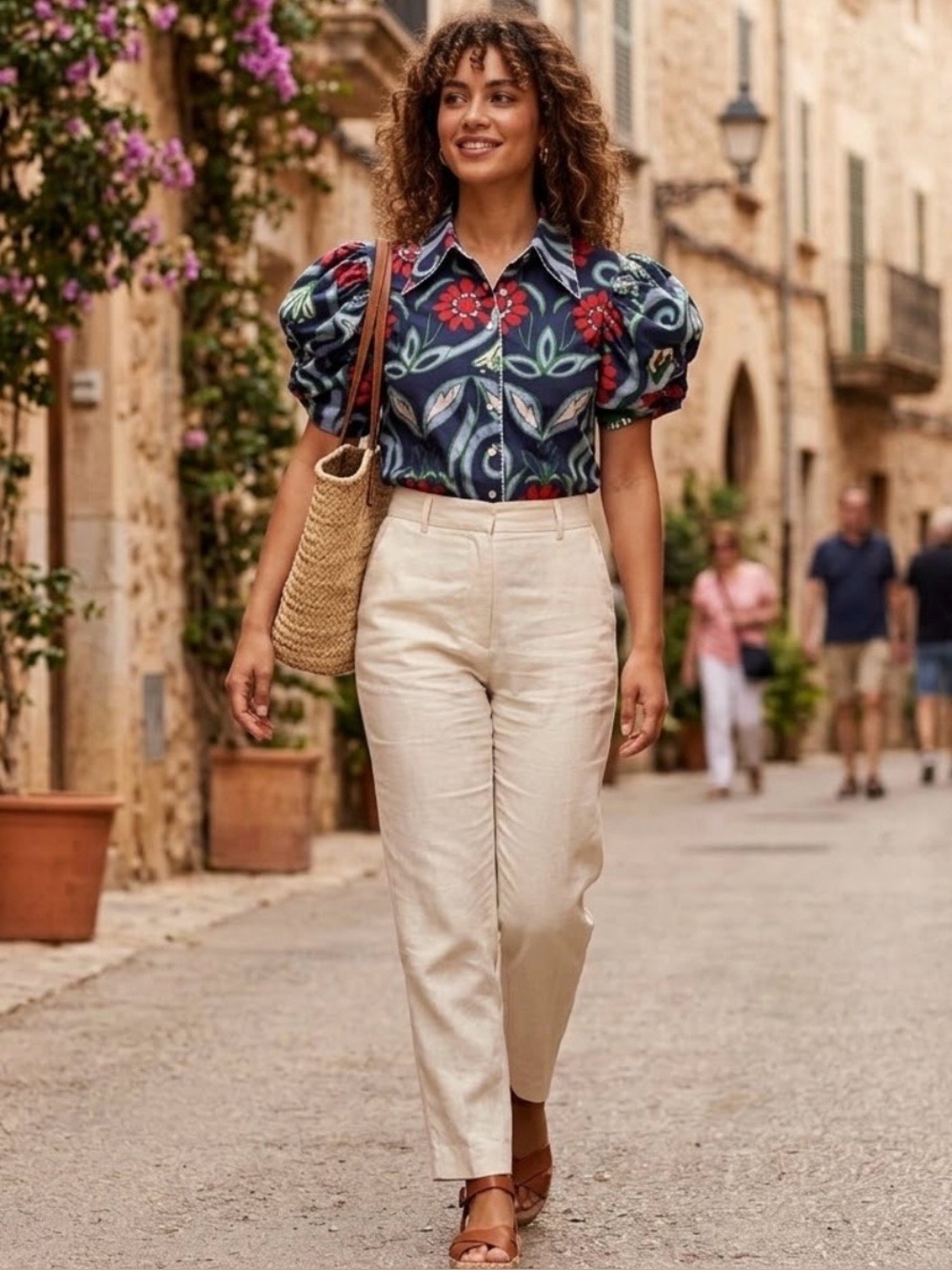 De Loreta Carmela Blouse Jaleo Azul Puff Sleeve M Floral Cotton Dopamine